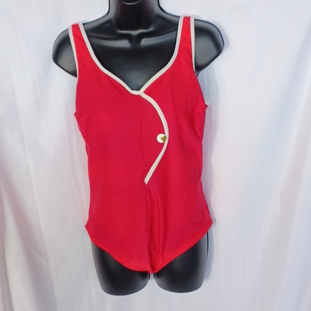 Vintage 80s Christina Mod Retro One Piece Hot Pink & White